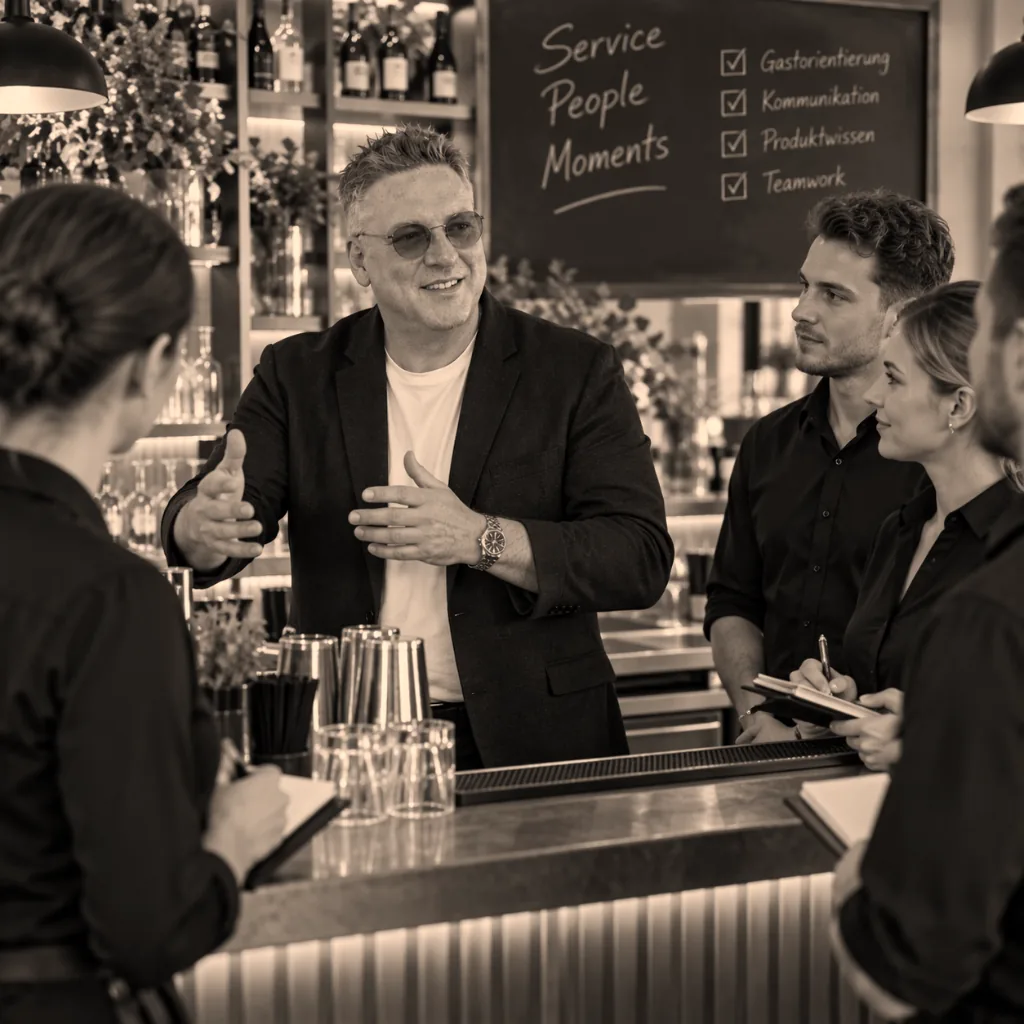 Peter Zimmermann erklärt einem Serviceteam an der Bar das neue Servicekonzept (KI-generiertes Symbolbild)