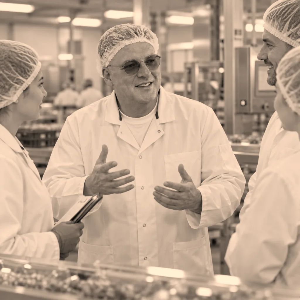 Peter Zimmermann im Austausch mit dem Produktionsteam eines Lebensmittelherstellers an der Linie (KI-generiertes Symbolbild)