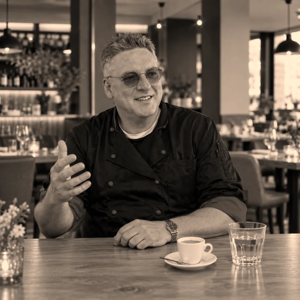 Peter Zimmermann im Gespräch an einem Restauranttisch (Bildhintergrund KI-generiert)